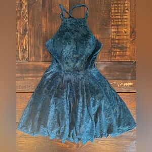 Jodi Kristopher Teal Lace Halter Skater Dress